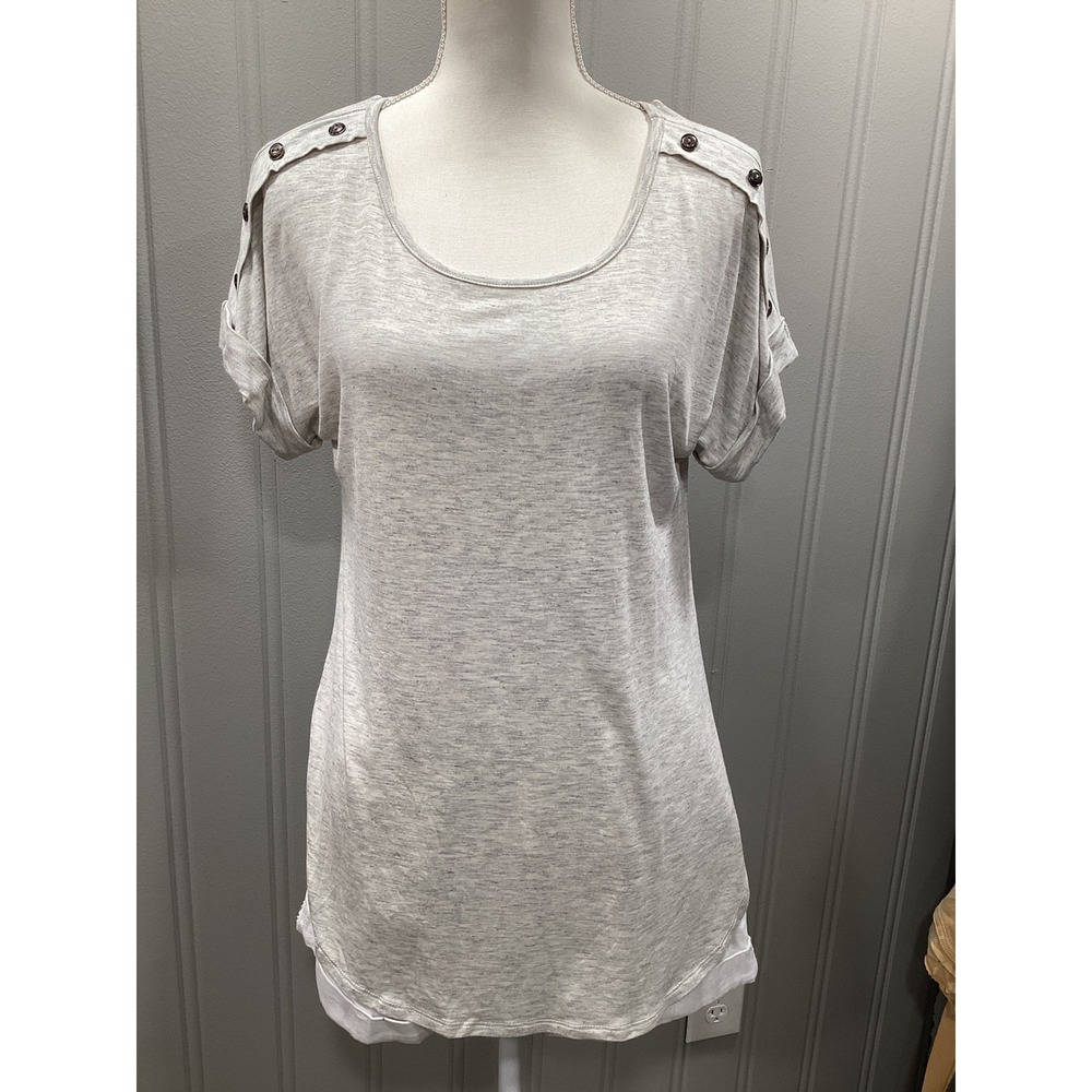 Emerald USA Women Heathered Gray Button Shoulder Tunic Tee Shirt Top S